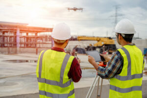 2 Construction workers using a drone